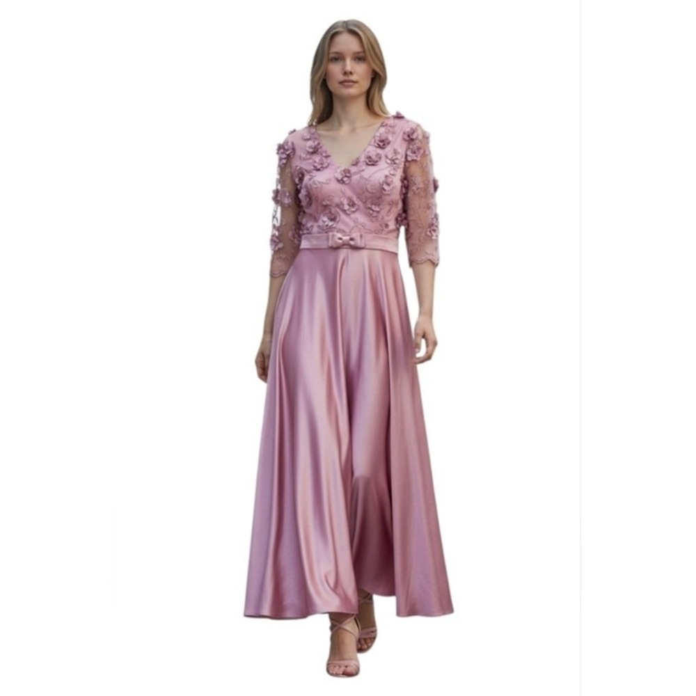 Vintage 80s Satin Long Maxi Dress XL Pink Flowers Chiffon 3/4 Sleeves Fairycore